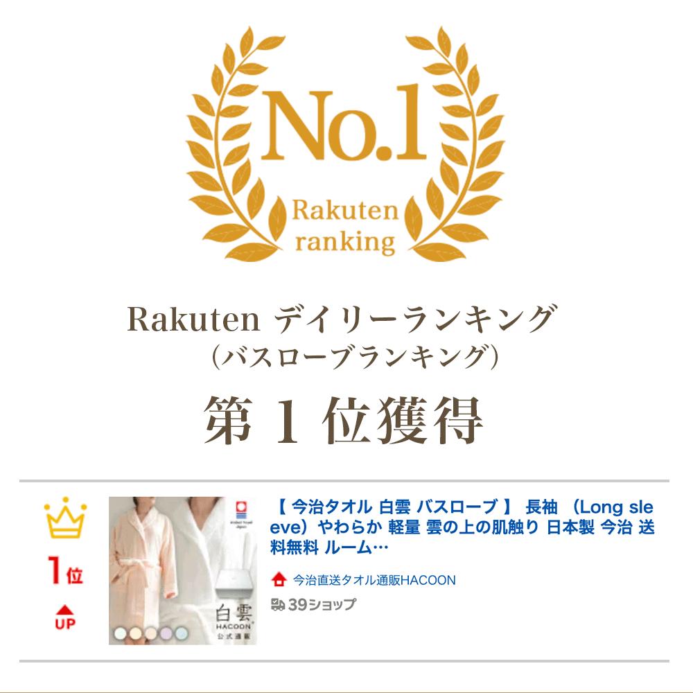 Rakuten デイリーランキング(バスローブランキング)第1位獲得